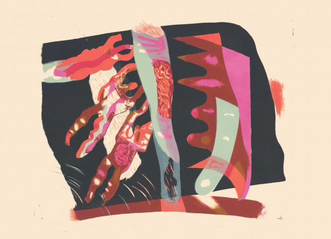 Abstrakta kompozīcija ar stilizētām cilvēka figūrām un krāsainiem biomorfiem elementiem uz gaiša fona.