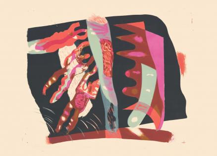 Abstrakta kompozīcija ar stilizētām cilvēka figūrām un krāsainiem biomorfiem elementiem uz gaiša fona.