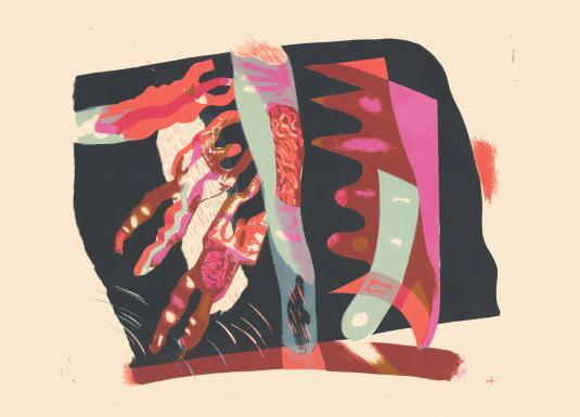 Abstrakta kompozīcija ar stilizētām cilvēka figūrām un krāsainiem biomorfiem elementiem uz gaiša fona.