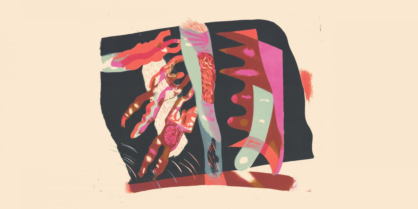 Abstrakta kompozīcija ar stilizētām cilvēka figūrām un krāsainiem biomorfiem elementiem uz gaiša fona.