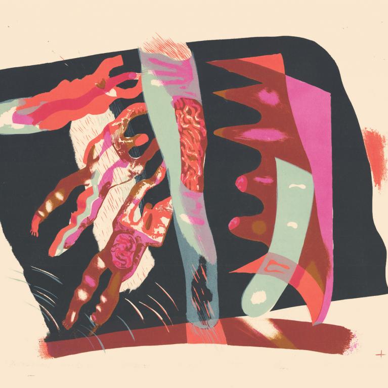 Abstrakta kompozīcija ar stilizētām cilvēka figūrām un krāsainiem biomorfiem elementiem uz gaiša fona.