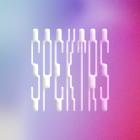 Abstract graphic with a white vertical line pattern on a blue, purple, and red gradient background.