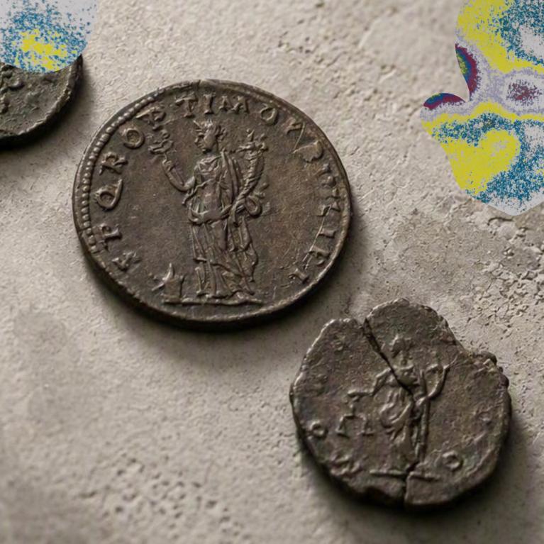 Trīs nolietotas senās monētas uz gaišas akmens virsmas, viena apaļa monēta ar stāvošu figūru centrā un divi saplīsuši fragmenti.