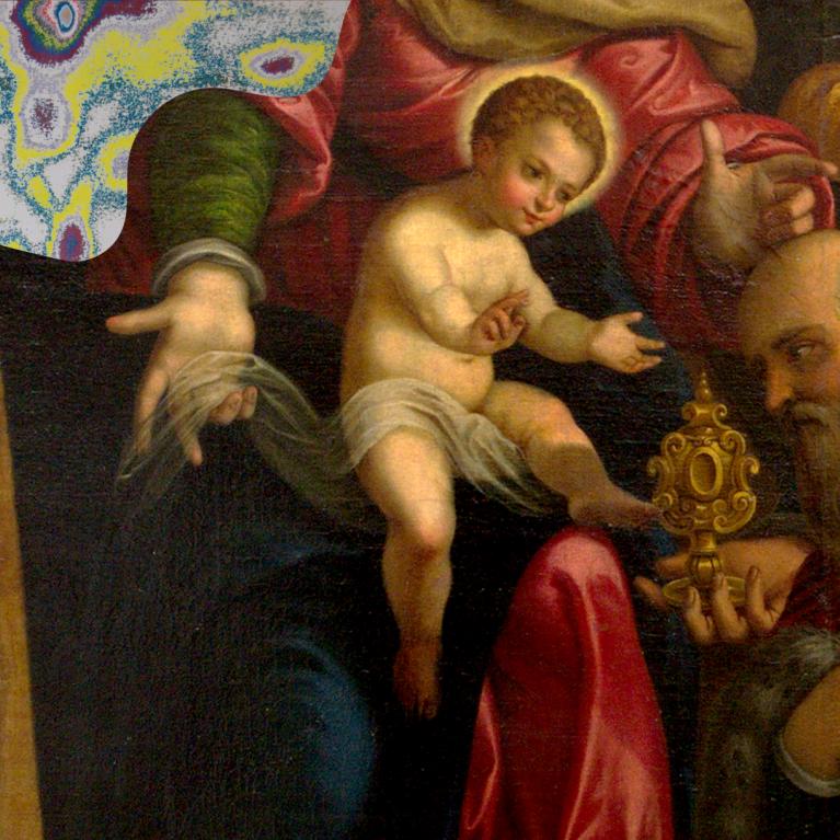 Barokāla reliģiska glezna ar zīdaini Jēzu centrā, ko ieskauj svētie vīri ar bārdām un košiem tērpiem, viens no viņiem tur zeltītu relikviju.