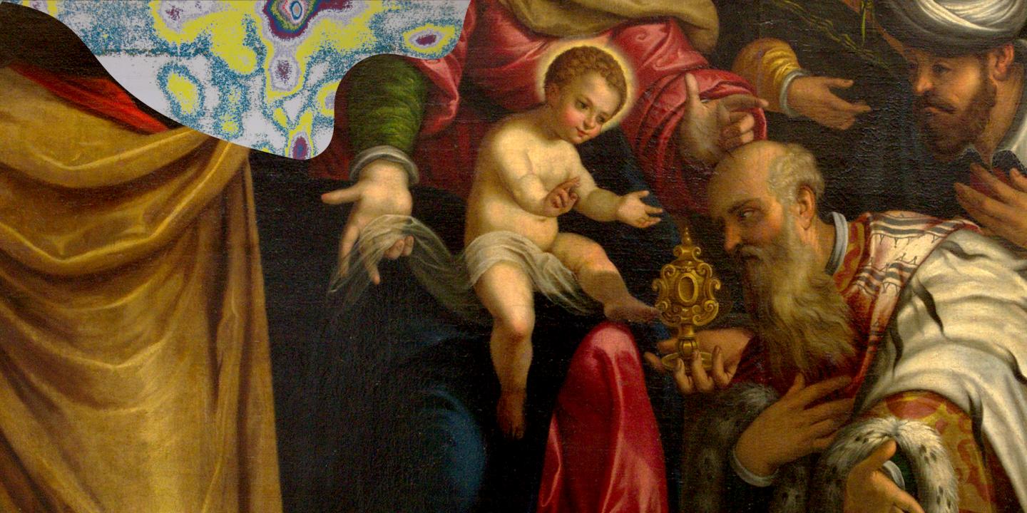 Barokāla reliģiska glezna ar zīdaini Jēzu centrā, ko ieskauj svētie vīri ar bārdām un košiem tērpiem, viens no viņiem tur zeltītu relikviju.