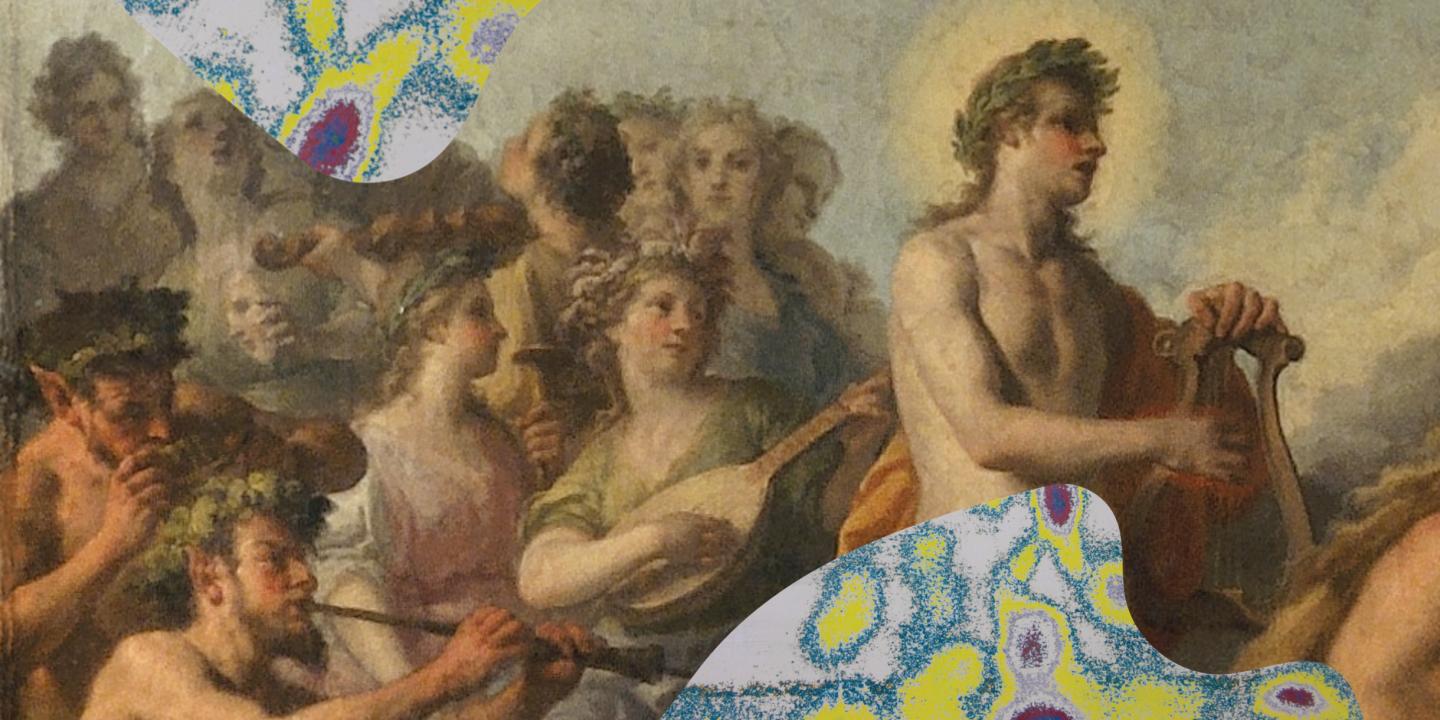 Gleznotā fragments ar vairākām antīka stila mūzu vai nimfu figūrām, no kurām viena labajā pusē spēlē stīgu instrumentu.