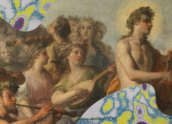 Gleznotā fragments ar vairākām antīka stila mūzu vai nimfu figūrām, no kurām viena labajā pusē spēlē stīgu instrumentu.