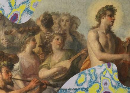 Gleznotā fragments ar vairākām antīka stila mūzu vai nimfu figūrām, no kurām viena labajā pusē spēlē stīgu instrumentu.
