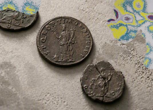 Trīs nolietotas senās monētas uz gaišas akmens virsmas, viena apaļa monēta ar stāvošu figūru centrā un divi saplīsuši fragmenti.