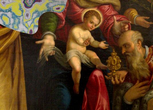 Barokāla reliģiska glezna ar zīdaini Jēzu centrā, ko ieskauj svētie vīri ar bārdām un košiem tērpiem, viens no viņiem tur zeltītu relikviju.