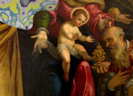 Barokāla reliģiska glezna ar zīdaini Jēzu centrā, ko ieskauj svētie vīri ar bārdām un košiem tērpiem, viens no viņiem tur zeltītu relikviju.