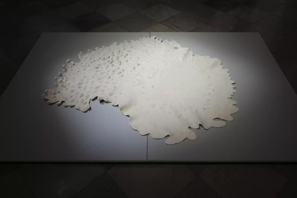White sculptural textile work with irregular edges and raised details on a platform.