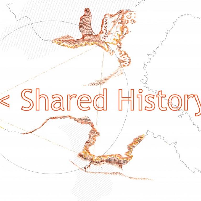 Banner for the contemporary art exhibition "Shared History", organized by the Latvian Centre for Contemporary Art at the Art Museum RIGA BOURSE. 2018. Publicity image