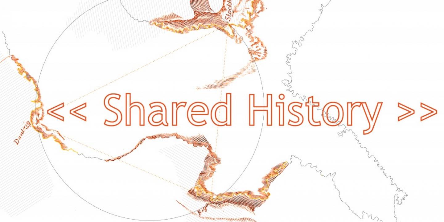 Banner for the contemporary art exhibition "Shared History", organized by the Latvian Centre for Contemporary Art at the Art Museum RIGA BOURSE. 2018. Publicity image