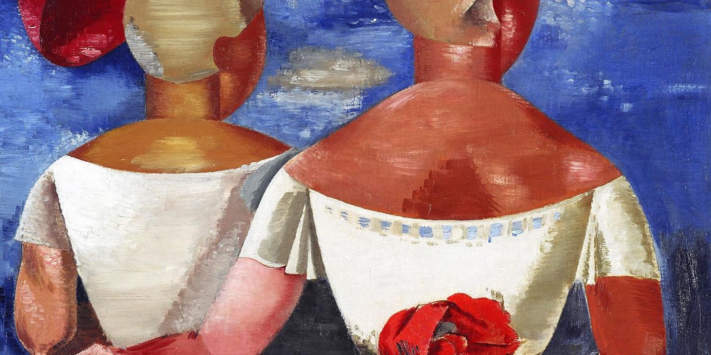 Two women in summer clothes and with a parasol