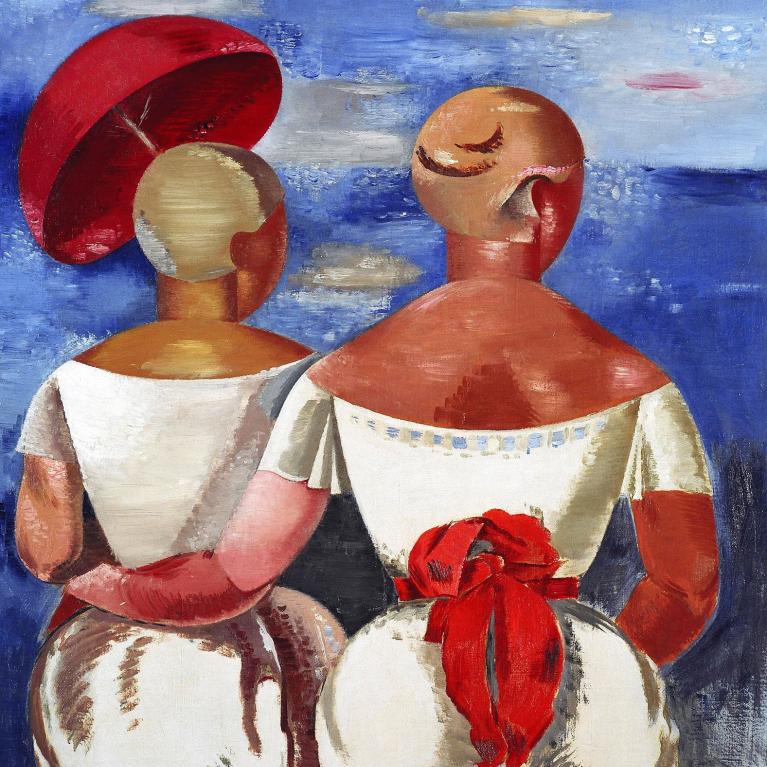 Two women in summer clothes and with a parasol