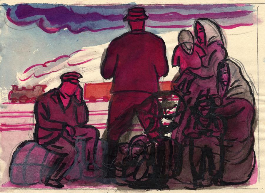 Jāzeps Grosvalds. Bēgļi pie dzelzceļa. 1915. Papīrs, akvarelis, zīmulis. LNMM kolekcija