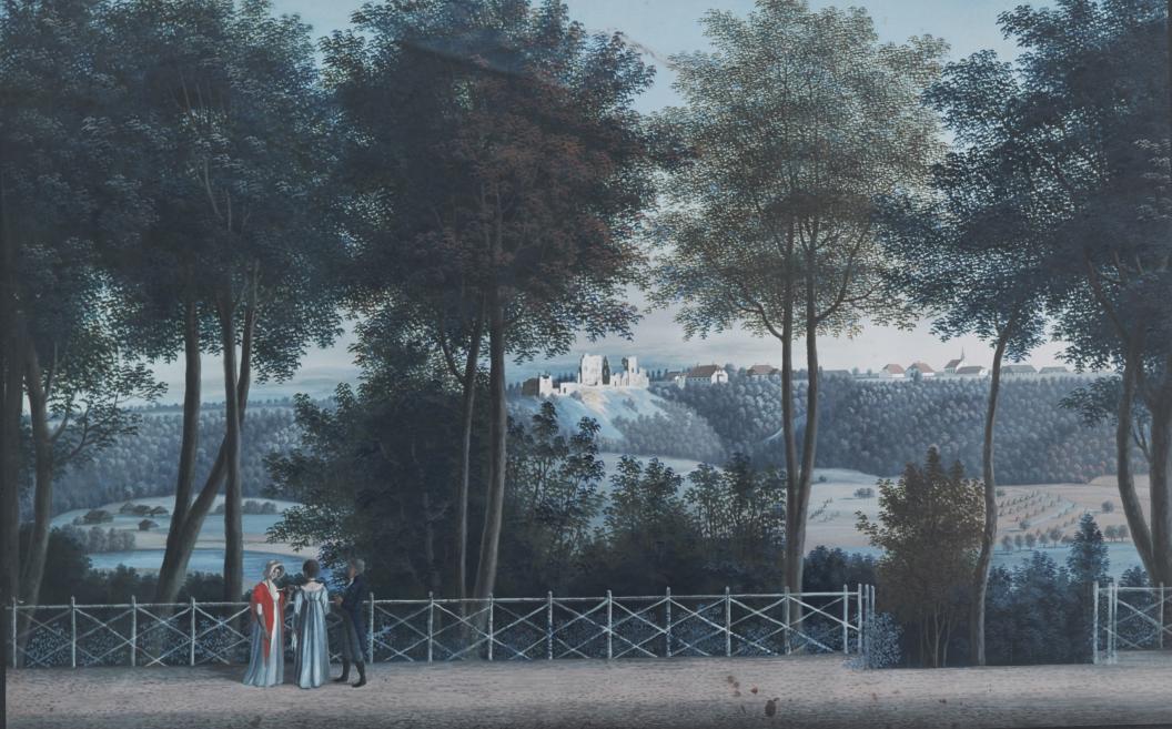 Vilhelms Bārts (Wilhelm Barth). Skats uz Siguldu no Krimuldas pils. 1810. Papīrs, tempera. LNMM kolekcija