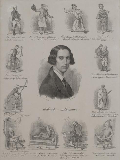 Karls Ferdinands Deičs (Karl Ferdinand Deutsch) pēc Ernsta Hermaņa &Scaron;lihtinga (Ernst Hermann Schlichting) zīmējuma. Roderihs fon Lēmanis savās 12 lomās. Ap 1841. Papīrs, litogrāfija. LNMM kolekcija