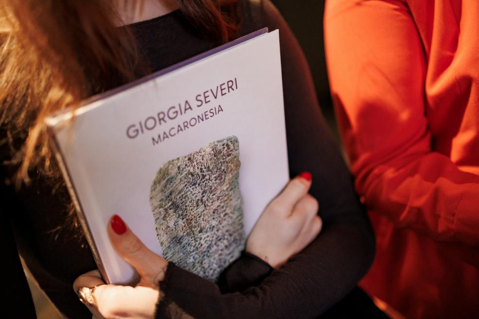 Apmeklētāja muzeja izstāžu zālē rokās tur mākslas katalogu “Giorgia Severi. Macaronesia”, stāvot līdzās citam apmeklētājam.