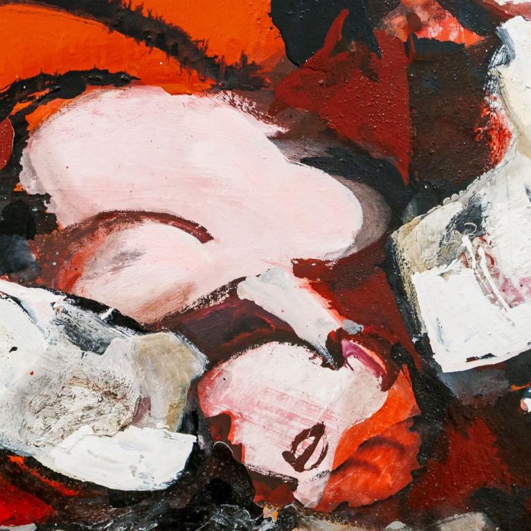 Abstrakta, dinamiska kompozīcija intensīvos sarkanos, baltos un melnos toņos ar ekspresīvām līnijām un faktūrām.