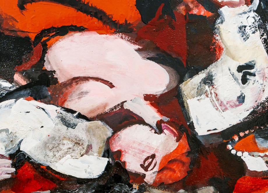 Abstrakta, dinamiska kompozīcija intensīvos sarkanos, baltos un melnos toņos ar ekspresīvām līnijām un faktūrām.
