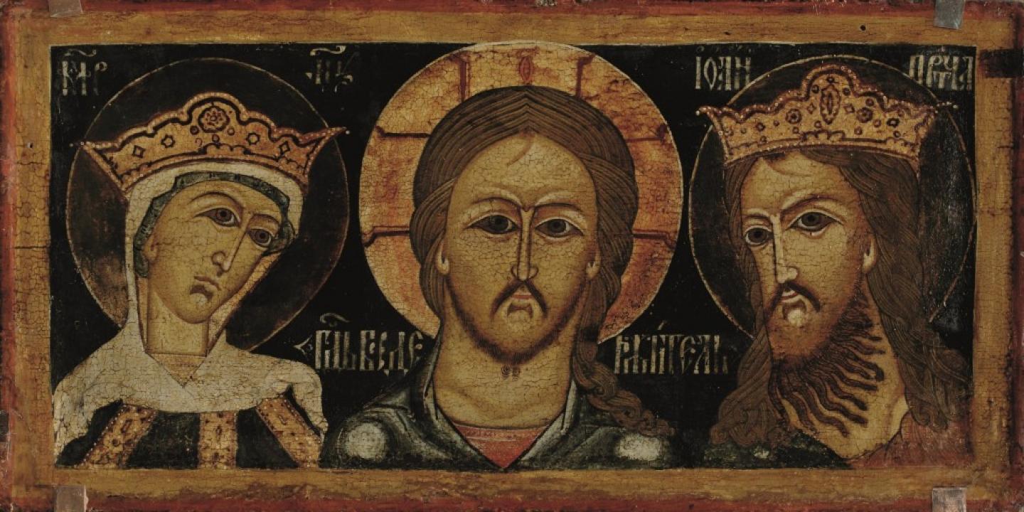 The Deesis. End of the 17th century. Northern Russia. Wood, gesso, tempera. Found from the village Nizhnyaya (Dolgovitsi), Tarnoga Raion, Vologda Oblast. Collection of Nikolai Kormashov. Publicity photo