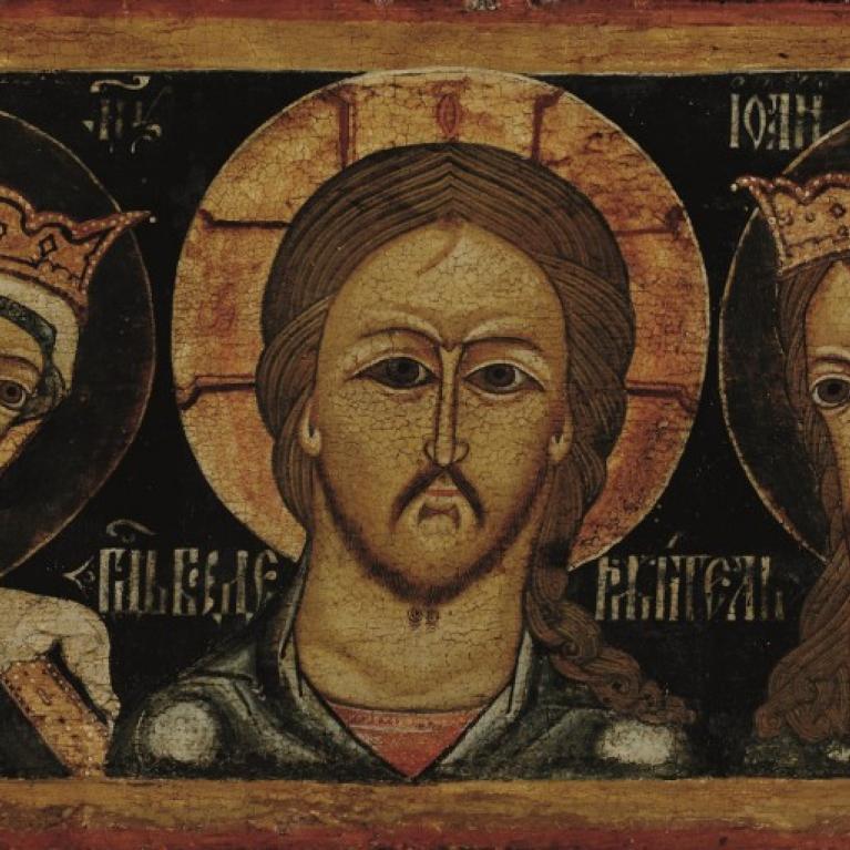 The Deesis. End of the 17th century. Northern Russia. Wood, gesso, tempera. Found from the village Nizhnyaya (Dolgovitsi), Tarnoga Raion, Vologda Oblast. Collection of Nikolai Kormashov. Publicity photo