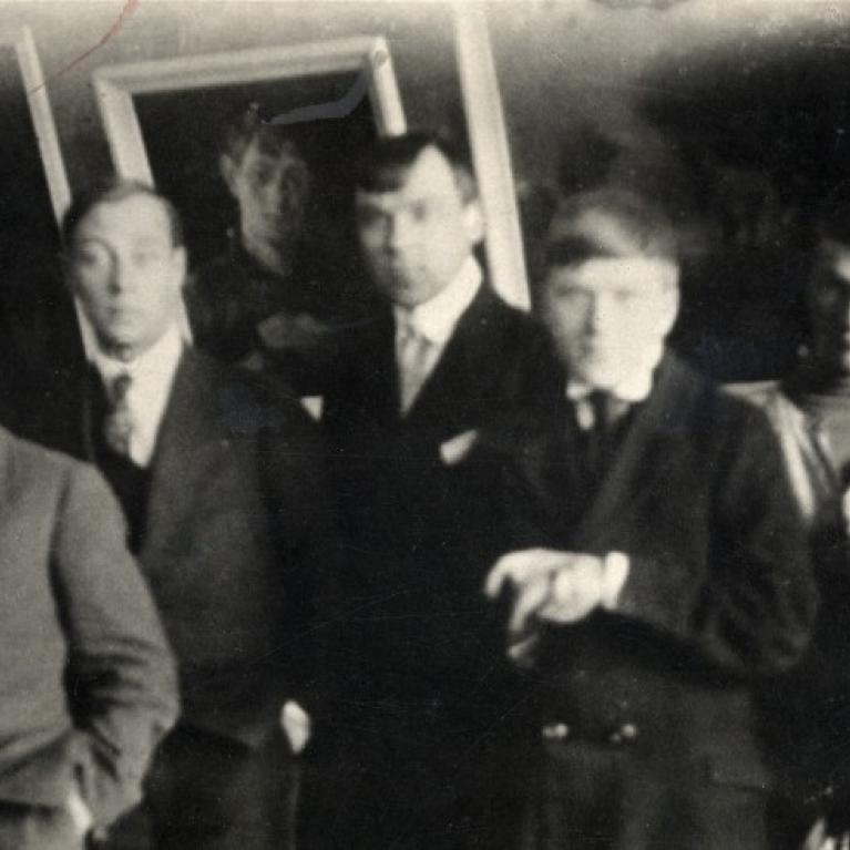 Latvian artists at the Penza School of Art. 1916. Photograph. From the left: Kārlis Johansons, Kārlis Baltgailis, Romans Suta, Jēkabs Kazaks, unknown person, Ernests Brastiņ&scaron;, Valdemārs Tone, Konrāds Ubāns. Collection of the Romans Suta and Aleksandra Beļcova Museum. Scanned image