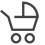 The image shows a stylized icon of a baby stroller.