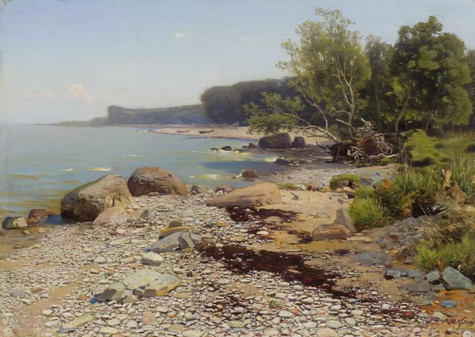 Oil artwork with a seashore.