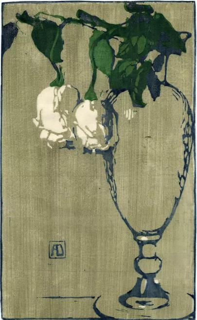 The artwork depicts white roses in a vase.