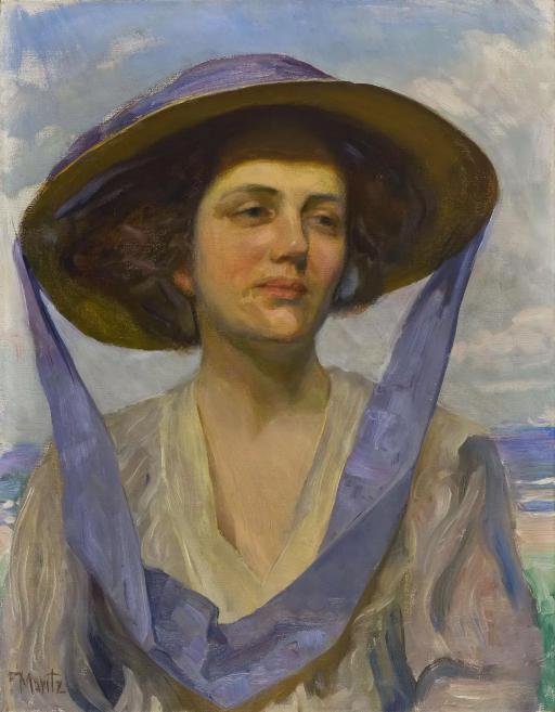 Oil artwork of a lady in a straw hat.