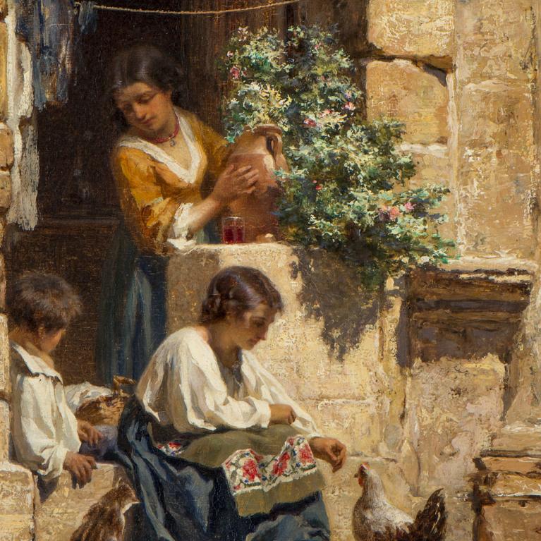 Kārlis Hūns “Itāļu pagalmiņš” (1871) – glezna attēlo trīs sievietes un bērnu siltā saules apgaismotā akmens pagalmā ar vistām un podu ar ziediem.