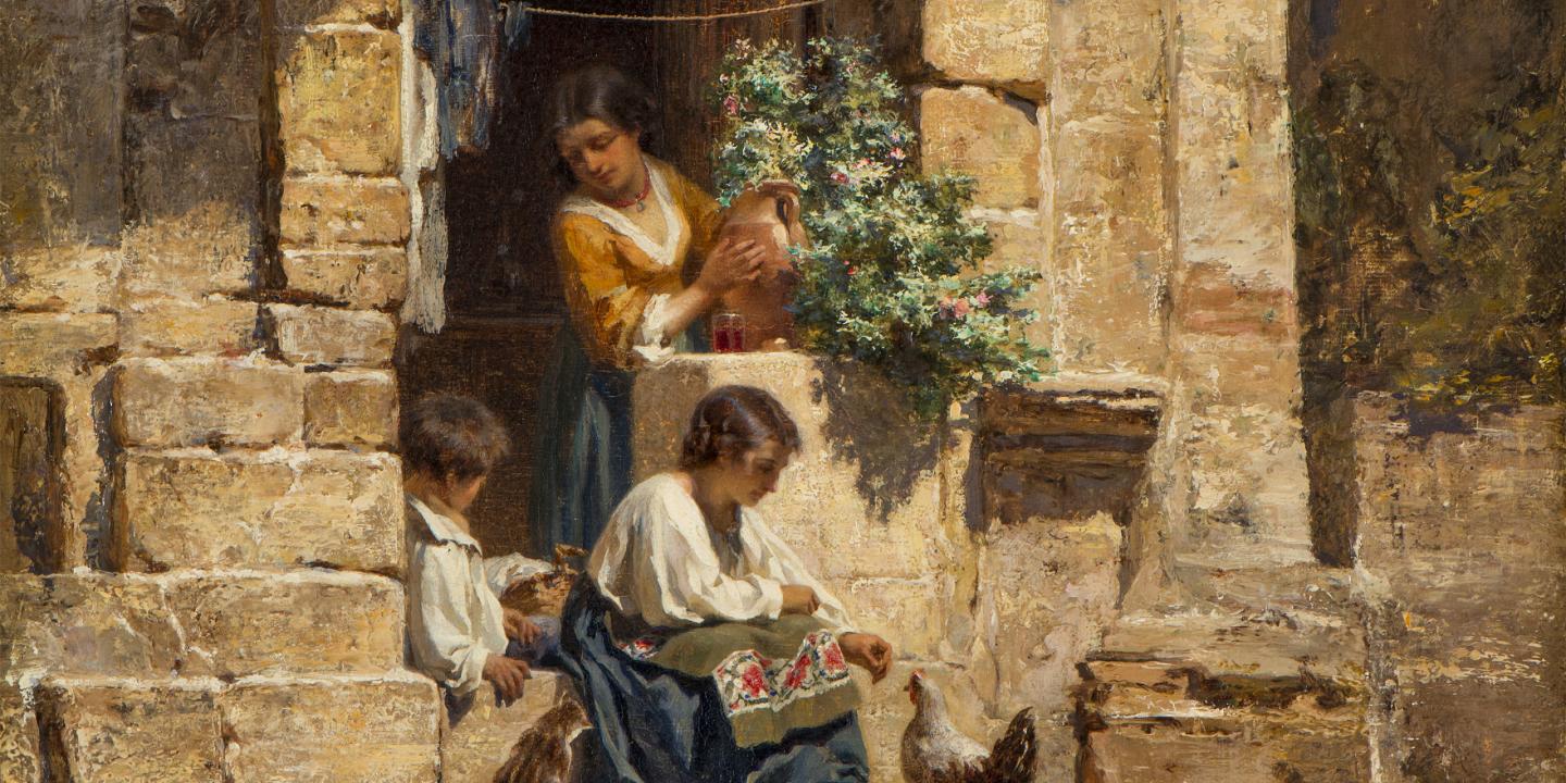 Kārlis Hūns “Itāļu pagalmiņš” (1871) – glezna attēlo trīs sievietes un bērnu siltā saules apgaismotā akmens pagalmā ar vistām un podu ar ziediem.