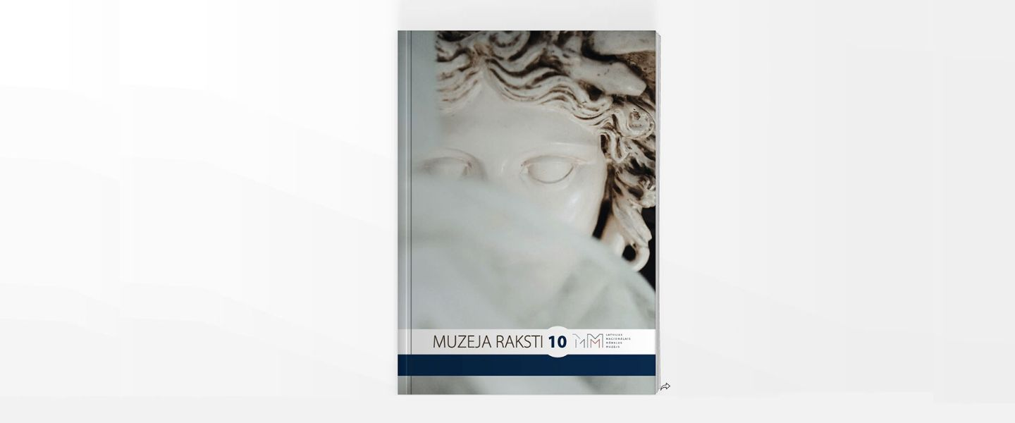 Shown against a light background is the cover of the publication “Muzeja Raksti 10”, featuring a close-up detail of a classical sculpture’s face and the Latvian National Museum of Art logo at the bottom.