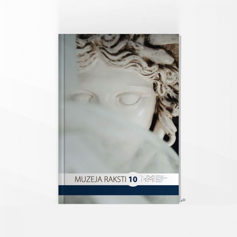 Shown against a light background is the cover of the publication “Muzeja Raksti 10”, featuring a close-up detail of a classical sculpture’s face and the Latvian National Museum of Art logo at the bottom.