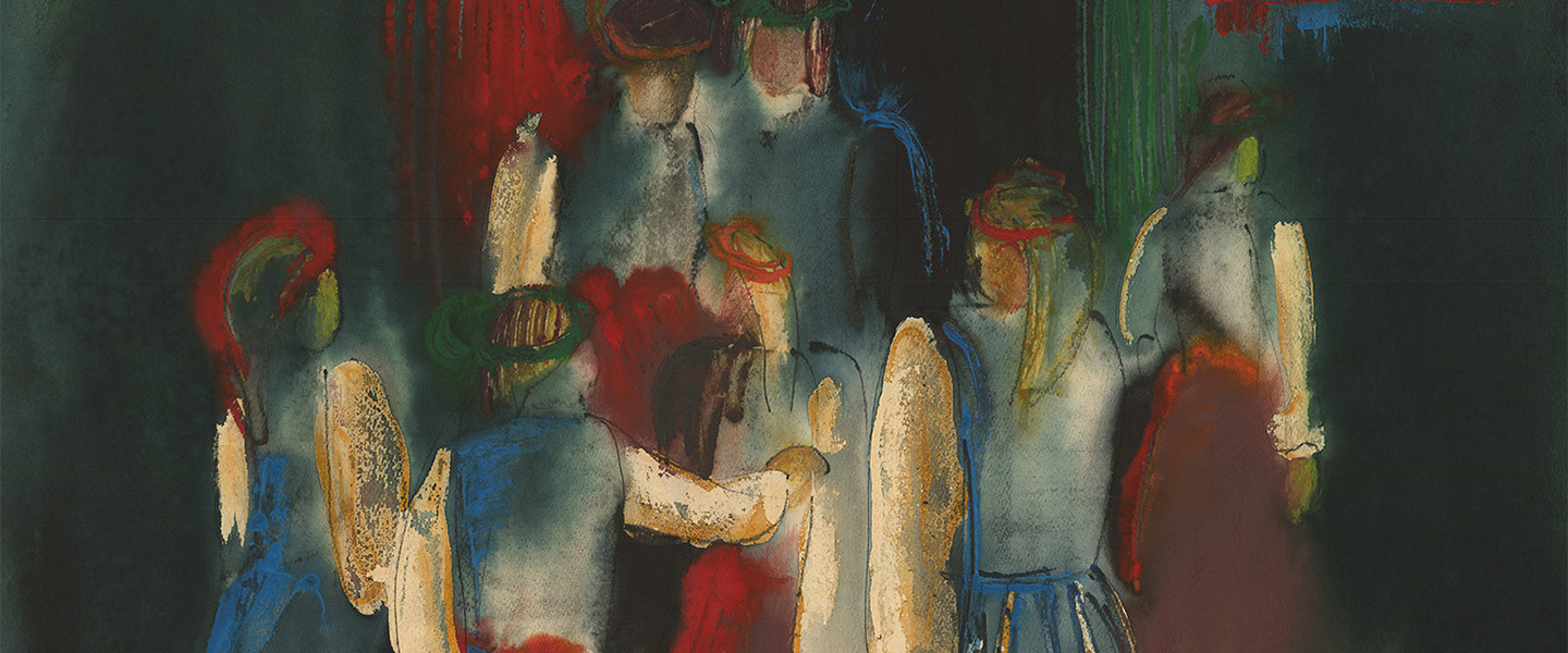 An expressive abstract composition depicts stylised human-like figures with angel-like wings, rendered in dark, red, blue, and green tones.