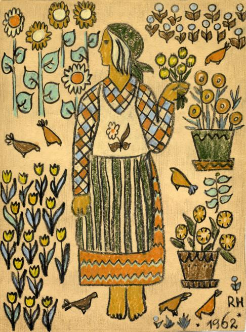 Colorful folk-art style drawing of a woman in profile surrounded by stylized flowers and birds on a beige background.