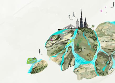 Ilustrācija ar lieliem akmeņiem, no kuriem plūst dzidri ūdens avoti, fonā redzami Rīgas torņi un tilts, pa kreisi uzraksts “Dzidrie avoti”.