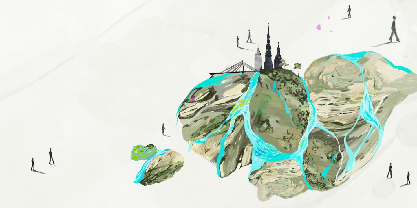 Ilustrācija ar lieliem akmeņiem, no kuriem plūst dzidri ūdens avoti, fonā redzami Rīgas torņi un tilts, pa kreisi uzraksts “Dzidrie avoti”.