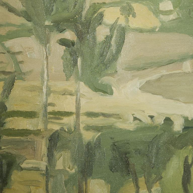 Giorgio Morandi, Gričāna, 1942. Abstrakta zaļos un dzeltenos toņos veidota ainava ar koku un lauku motīviem.