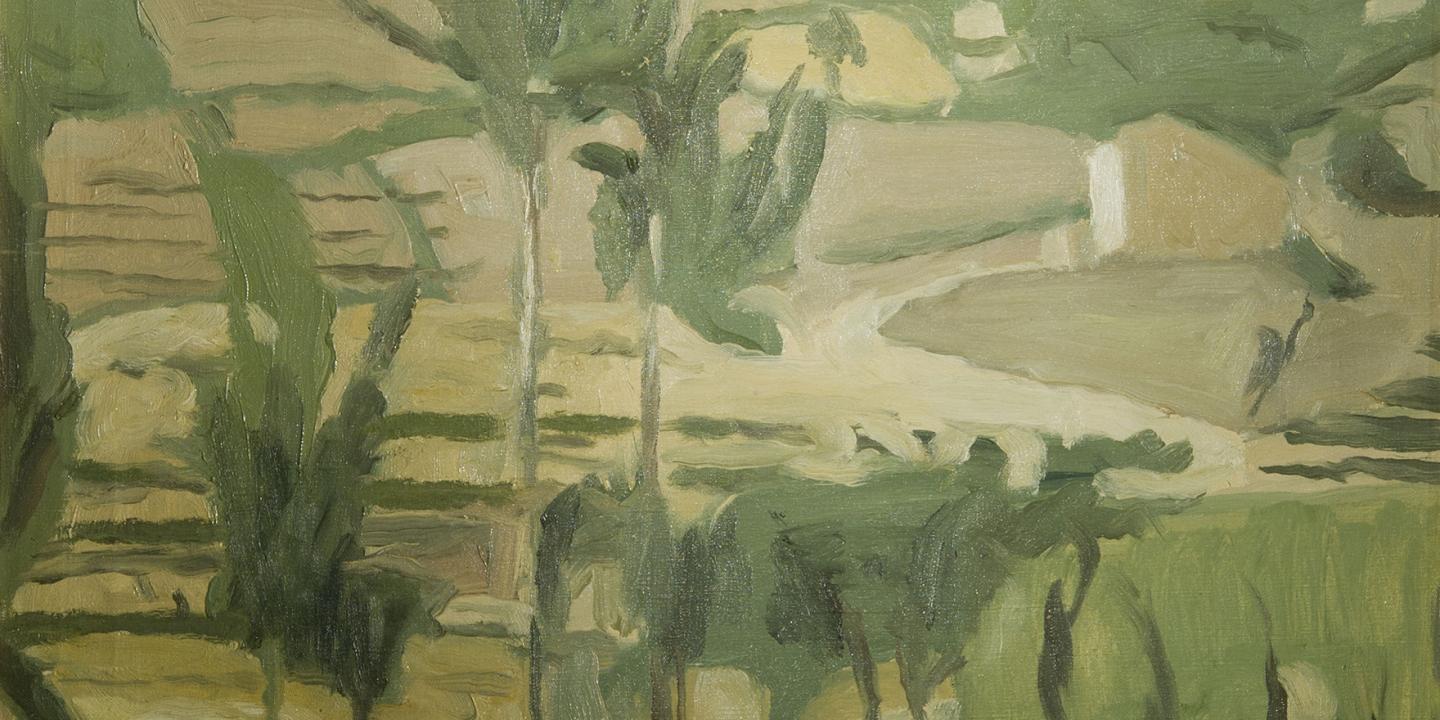 Giorgio Morandi, Gričāna, 1942. Abstrakta zaļos un dzeltenos toņos veidota ainava ar koku un lauku motīviem.