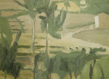 Giorgio Morandi, Gričāna, 1942. Abstrakta zaļos un dzeltenos toņos veidota ainava ar koku un lauku motīviem.