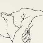 Black-and-white line drawing of a nude human body in a bent, hunched pose on a light background.