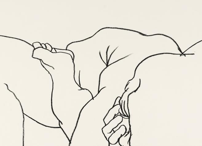 Black-and-white line drawing of a nude human body in a bent, hunched pose on a light background.