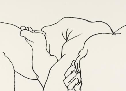 Black-and-white line drawing of a nude human body in a bent, hunched pose on a light background.