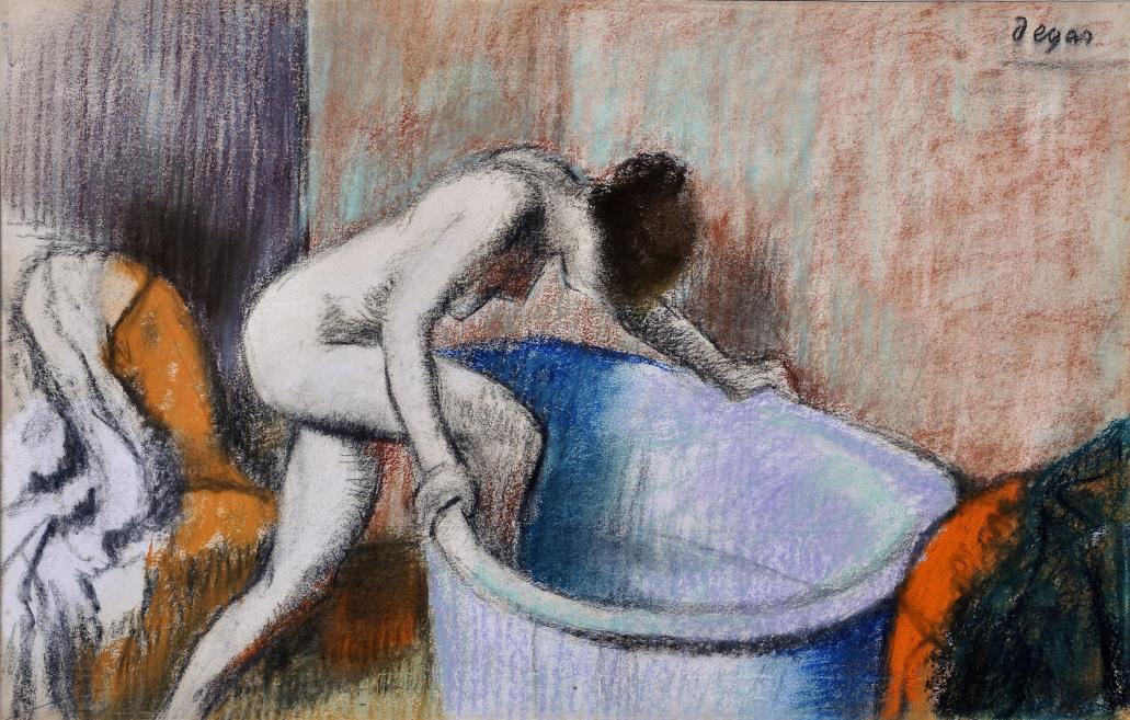 Pastel drawing of a nude woman bent over a large blue and violet vessel against a colorful abstract background.