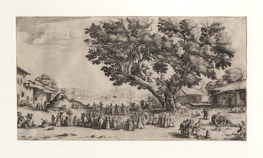 Black-and-white engraving showing a large tree in a square with many human figures, houses, and a cart.