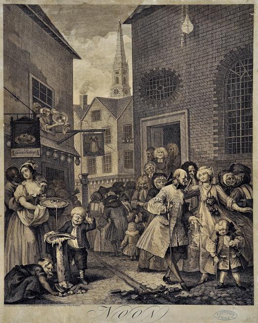 Engraving of a crowded city street where people with masks and donation bowls move among buildings with a church spire in the background.